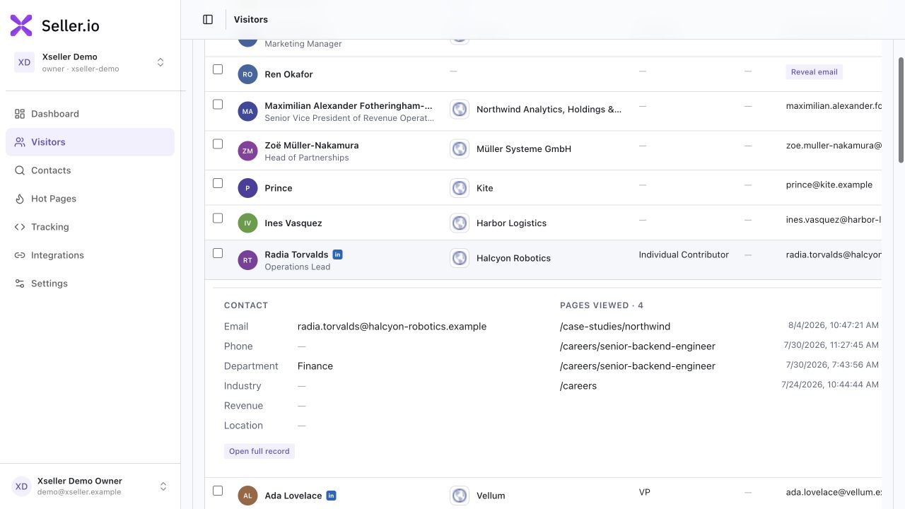 Xseller product interface with synthetic demo data